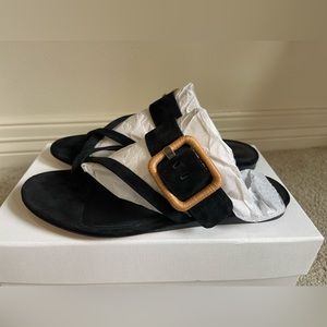 VERONICA BEARD - SALVA RAFFIA BUCKLE SUEDE FLAT SANDAL BLACK